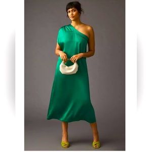 Anthropologie green satin one shoulder dress. Brand new and never worn!